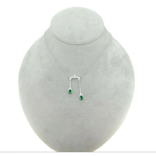 18k White Gold Double Drop Genuine Natural Emerald and Diamond Necklace (#J4715)