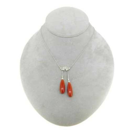18k White Gold Double Genuine Natural Coral Briolette Drop Necklace (#J4718)