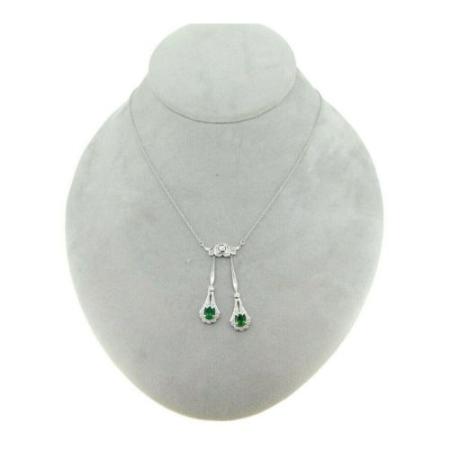 18k White Gold Fancy Drop Genuine Natural Emerald and Diamond Necklace (#J4719)