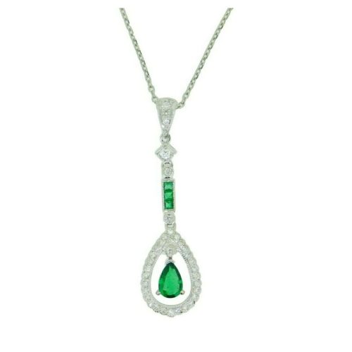 18k White Gold Genuine Natural Emerald and Diamond Deco Style Pendant (#J4717)