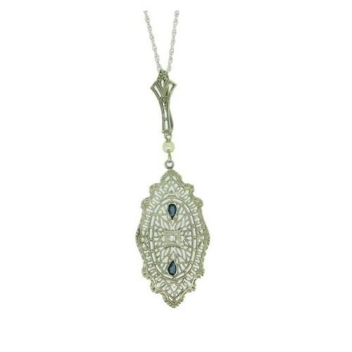 Art Deco 10k White Gold Filigree Diamond Pendant (#J4675)