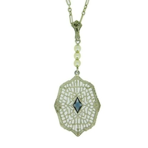 Art Deco 10k White Gold Filigree Pendant Synthetic Blue Sapphire (#J4677)
