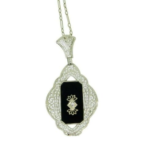 Art Deco 14k White Gold Filigree Genuine Natural Onyx and Diamond Pendant #J2199