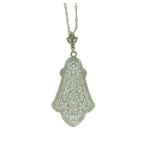 Art Deco 14k White Gold Genuine Natural Diamond Filigree Pendant (#J4679)