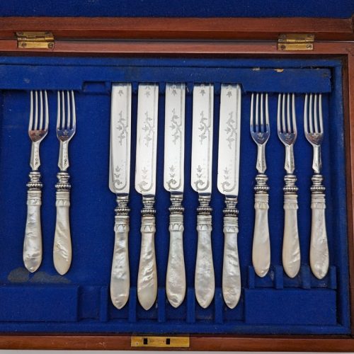 1870 British antique carved mother-of-pearl handle fruit cutlery set of 5 pairs in wooden box by MARTIN HALL