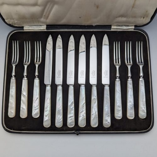 1950’s British Vintage White Pearl Handle Cutlery 6 Pair Set with Case Mappin & Webb