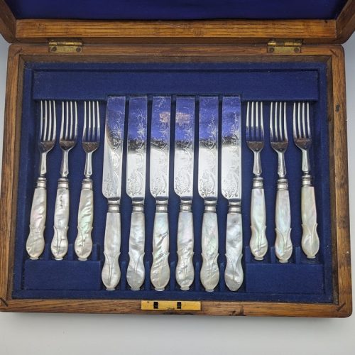 Around 1899 British Antique White Pearl Shell Handle Cutlery 6 Pair Set Boxed Mappin & Webb