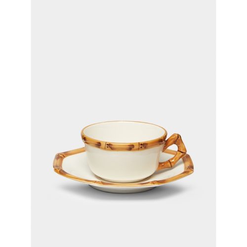 Bamboo Hand-Painted Ceramic Teacups and Saucers (Set of 4)