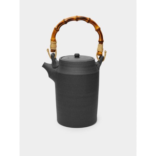 Black Clay and Silk Glaze Tall Pot with Bamboo Handle
