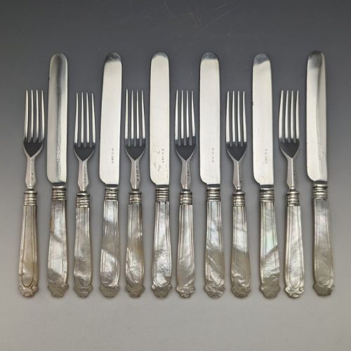 British Antique Engraved White Pearl Handle Dessert Cutlery 6 Pair Set Elkington & Mason