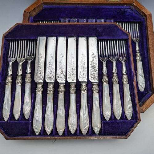 Circa 1860 British Antique White Pearl Handle Cutlery 12 Pair Set Walker & Hall