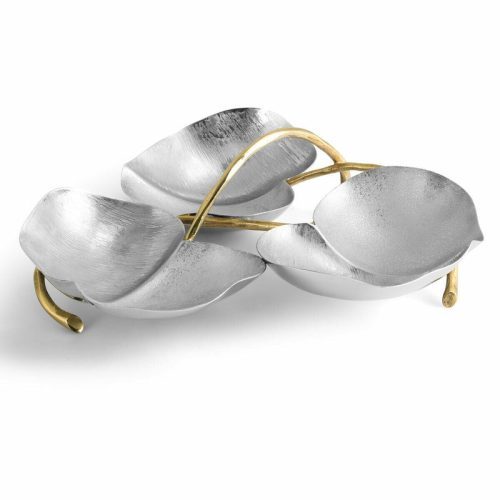 Lodhi Garden by Michael Aram  Stainless Steel & Brass Lily Pad Triple Dish – New
