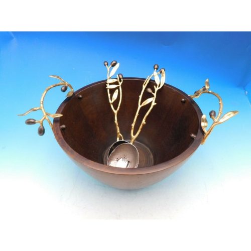 Olive Branch by Michael Aram Brass Gold Serving Set with Wood Serving Bowl – New