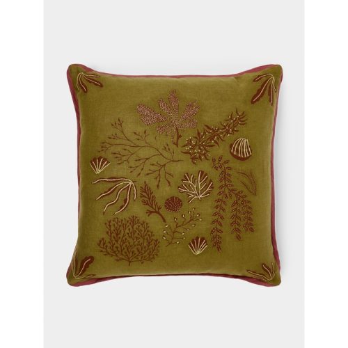Seaweed Hand-Embroidered Cotton Cushion (19.5in/50cm)