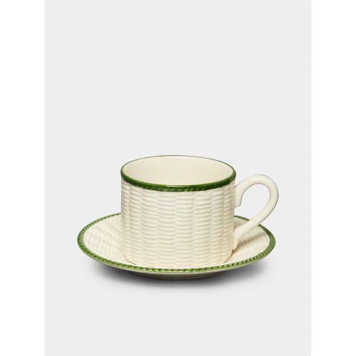 Wicker Hand-Painted Ceramic Teacups and Saucers (Set of 4)