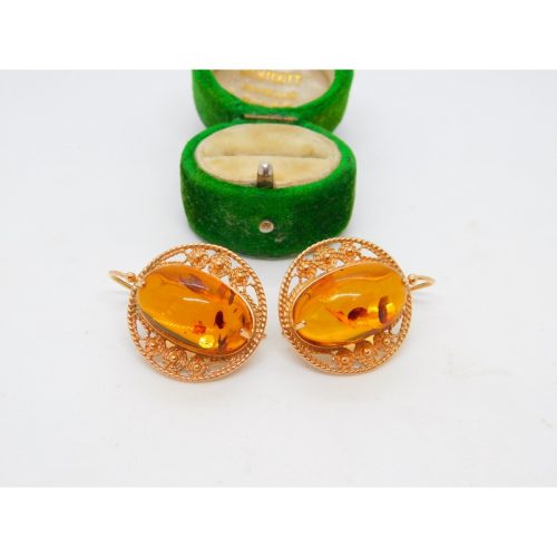 14ct Yellow Gold & Cabochon Baltic Amber Large Drop Earrings Vintage c1980