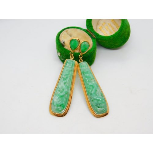 18ct Yellow Gold Carved Apple-Green Jade Drop Earrings Vintage c1970