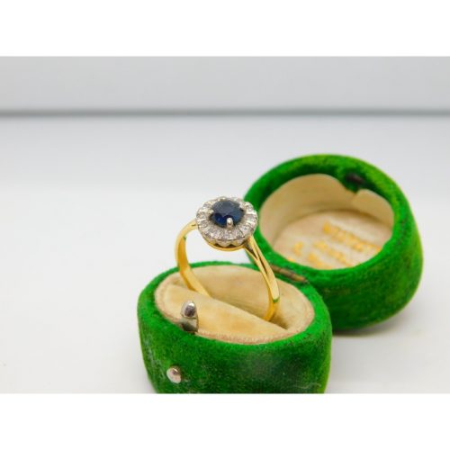 18ct Yellow Gold, Sapphire & Diamond Floral Cluster Ring Antique c1930 Art Deco