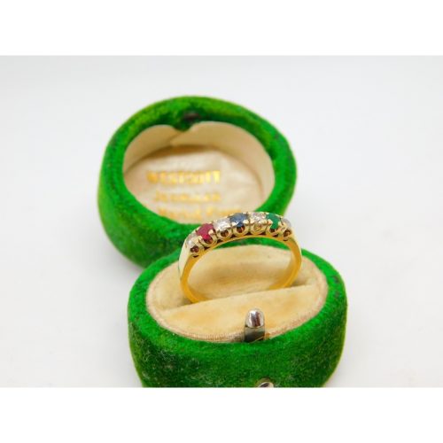 18ct Yellow Gold Seven Stone Ruby, Diamond, Emerald, Sapphire Ring Vintage c1980