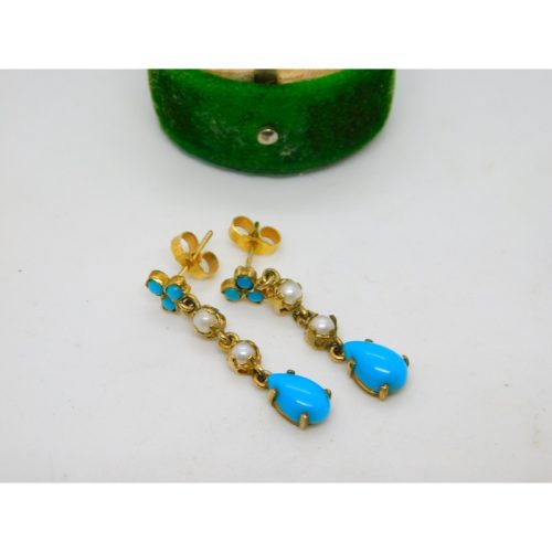 9ct Gold Victorian Style Pearl & Turquoise Drop Earrings Vintage 1991 London