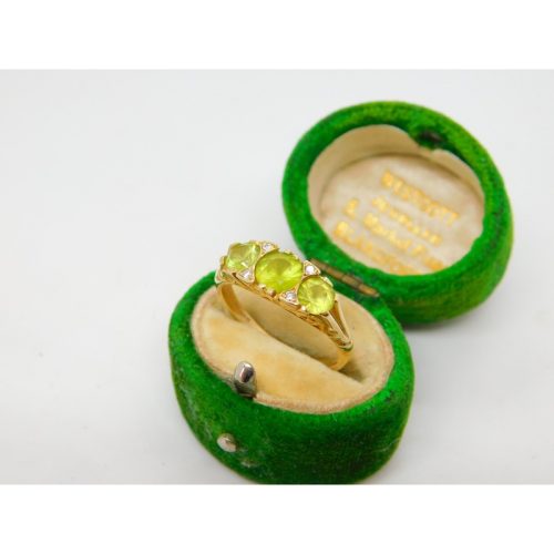 9ct Gold Victorian Style Peridot & Diamond Boat Ring Vintage 1995 London