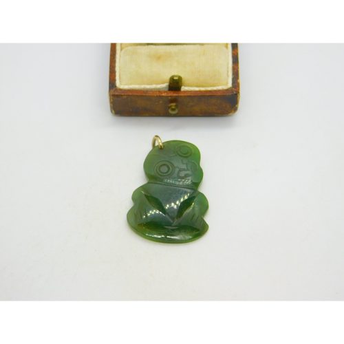 9ct Rose Gold Carved Nephrite Jade Tiki Maori Charm Pendant Antique c1920