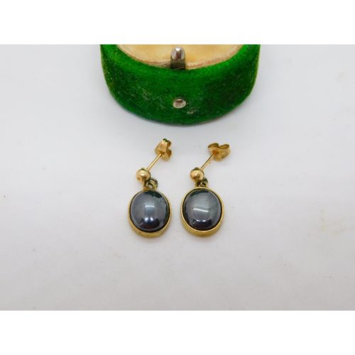 9ct Yellow Gold & Cabochon Haematite Drop Stud Earrings Vintage 1989 London