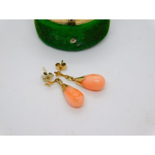9ct Yellow Gold Cabochon Red Coral Beaded Drop Earrings Vintage c1970