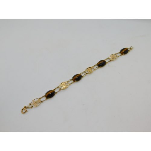 9ct Yellow Gold Cabochon Tiger’s Eye Chinese Character Bracelet Vintage c1970