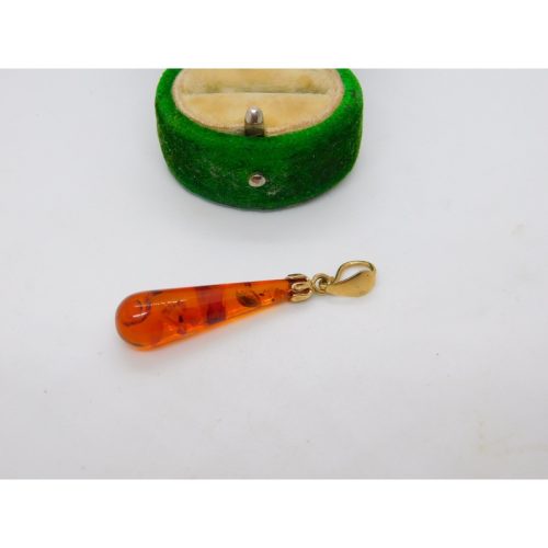 9ct Yellow Gold Mounted Baltic Amber Drop Pendant Vintage 1998 London