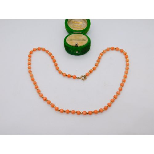 9ct Yellow Gold Red Coral Beaded Necklace Vintage c1980 40cm Length