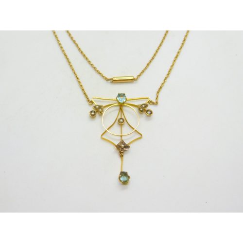 Aquamarine & Seed Pearl 9ct Gold Pendant Necklace Antique Edwardian c1910