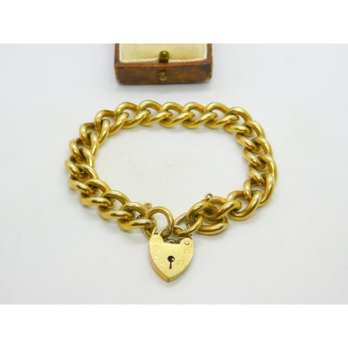 Chunky 9ct Rolled Gold Chain Charm Bracelet Heart Padlock Clasp Art Deco c1920