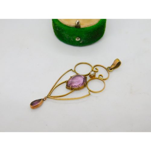 Edwardian 9ct Gold, Amethyst & Pearl Lavalier Drop Pendant Antique c1910