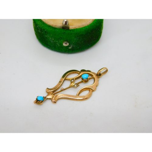 Edwardian 9ct Gold, Turquoise & Seed Pearl Lavalier Drop Pendant Antique c1910