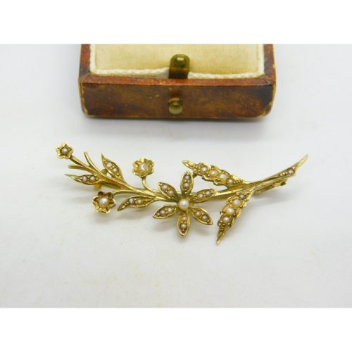 Edwardian 9ct Yellow Gold Seed Pearl Set Spring Flower Brooch Antique c1910