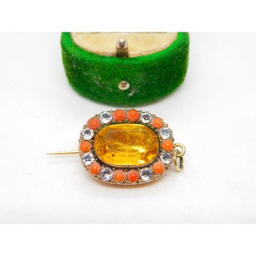 George III 9ct Gold, Coral, Paste & Citrine Mourning Brooch Antique c1820