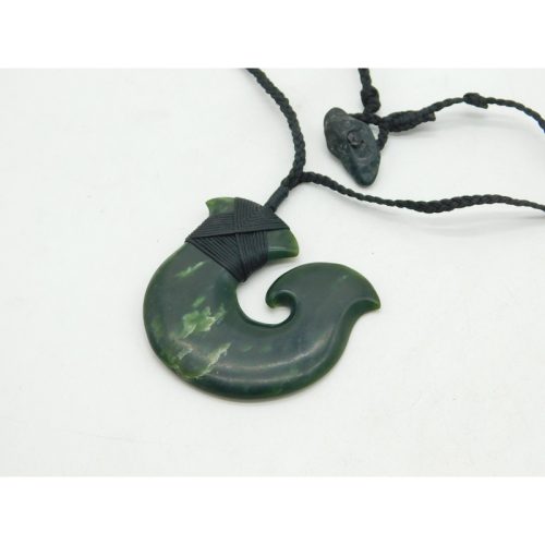 New Zealand Maori Carved Nephrite Jade ‘Hei Matau’ Fish Hook Pendant Necklace