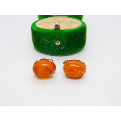 Pair of 9ct Yellow Gold & Cabochon Baltic Amber Stud Earrings Vintage c1970