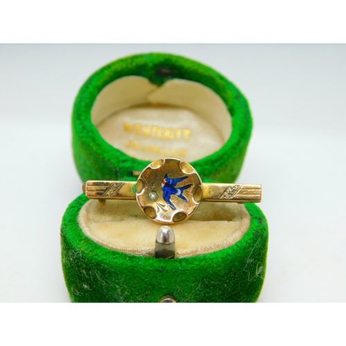 Victorian 15ct Gold, Enamel Swallow & Seed Pearl Sweetheart Brooch Antique