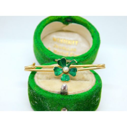 Victorian 15ct Gold, Green Enamel & Seed Pearl Shamrock Brooch Antique c1880