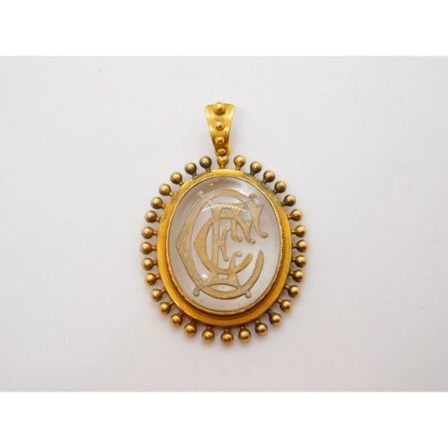 Victorian 15ct Gold Mounted Essex Crystal Monogram Drop Pendant Antique c1840