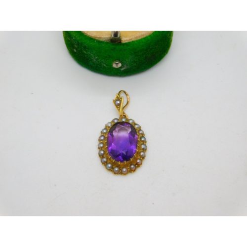 Victorian 18ct Gold, Amethyst & Seed Pearl Set Drop Pendant Antique c1880