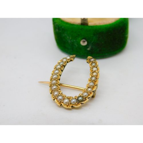 Victorian 18ct Yellow Gold & Seed Pearl Set Horseshoe Brooch Antique c1860