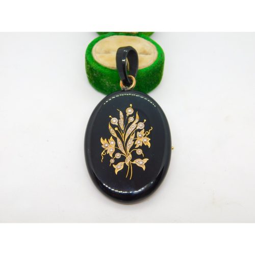 Victorian 9ct Gold Inlaid Whitby Jet Floral Mourning Pendant Antique c1860