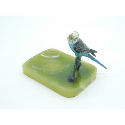 Victorian Cold Painted Vienna Bronze Budgie on Green Onyx Ashtray Antique c1860