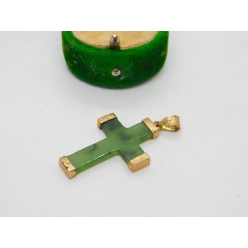 Victorian Rolled Gold Mounted New Zealand Nephrite Jade Cross Pendant c1880