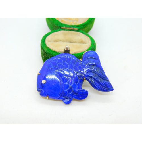 14ct Yellow Gold, Carved Lapis Lazuli & Diamond Fish Brooch Vintage c1980