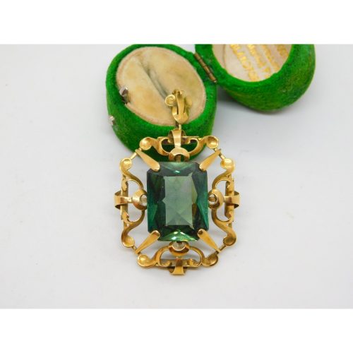 14ct Yellow Gold Emerald Cut Green Paste Large Drop Pendant Antique c1920 Deco
