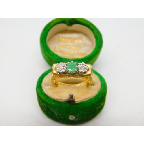 18ct Gold Modernist Set 0.2ct Diamond & Emerald Band Ring 1978 Birmingham